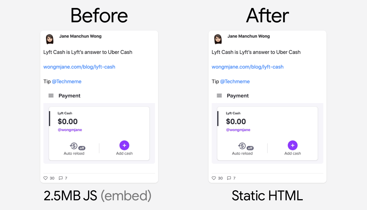 An original heavy-weight JavaScript embed compared to a statically rendered alternative