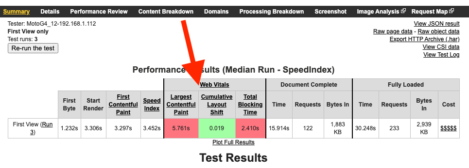 Web Vitals at top of WebPageTest results