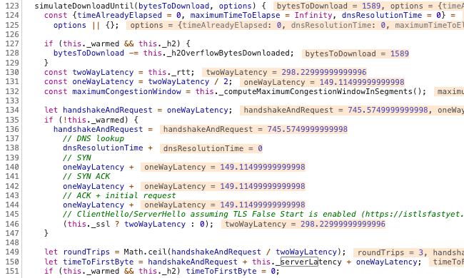 DevTools debugger showing Lighthouse TCP connection implementation