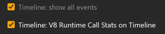 Screenshot showing the ticked options 'Timeline: show all events' and 'Timeline: V8 Runtime Call Stats on Timeline'