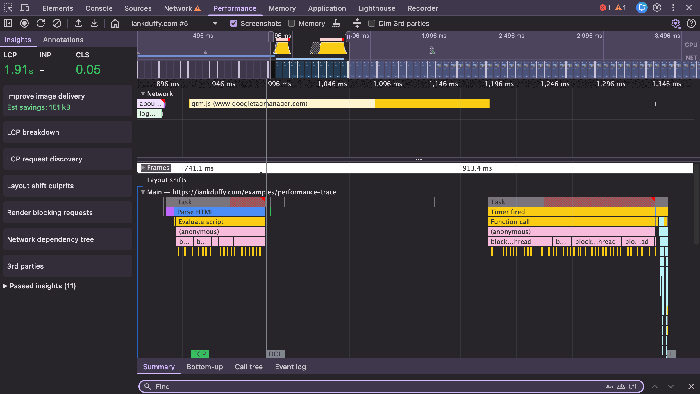Performance insights drawer open with list of insights