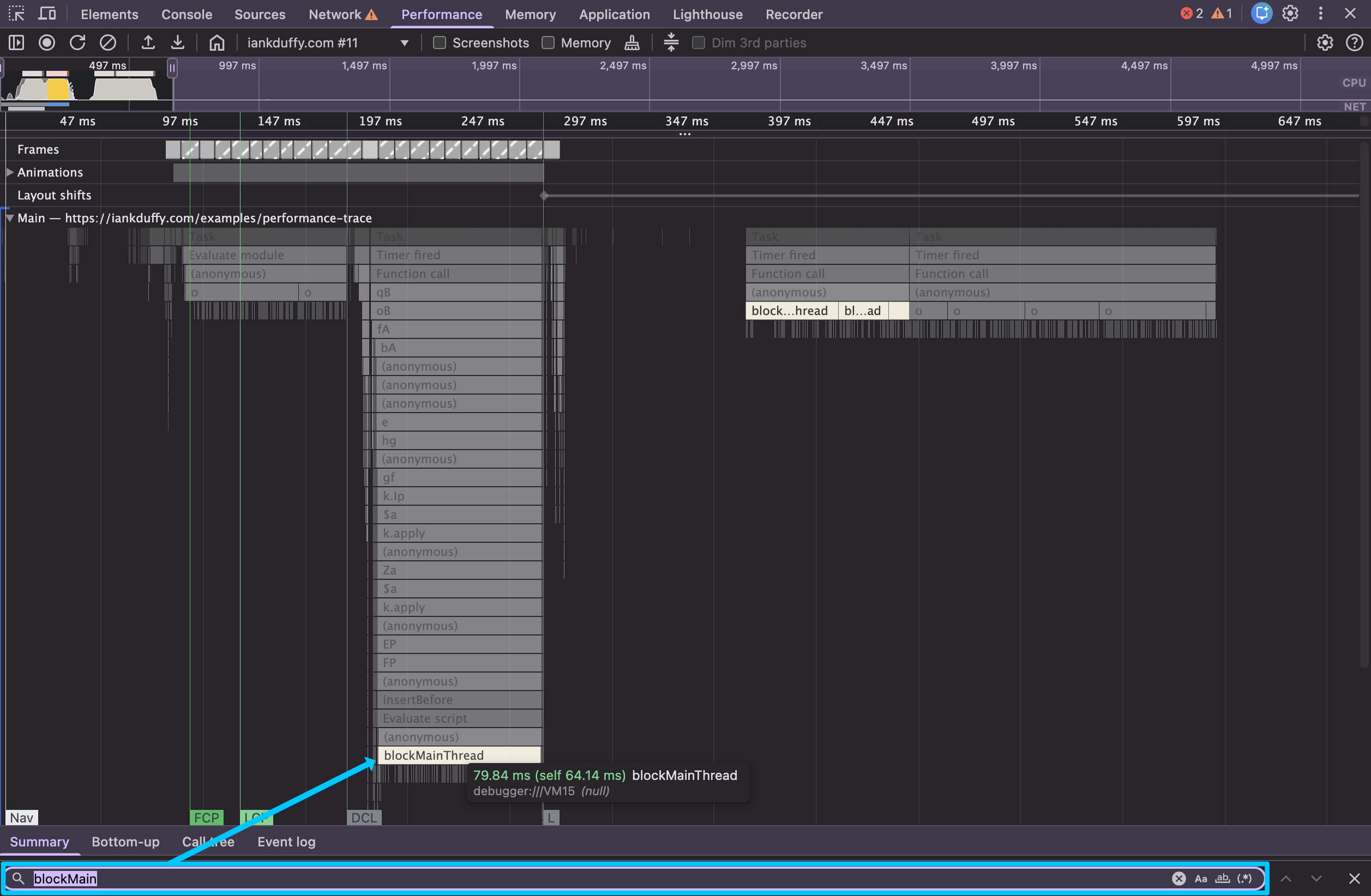 Performance trace with search function highlighting tasks