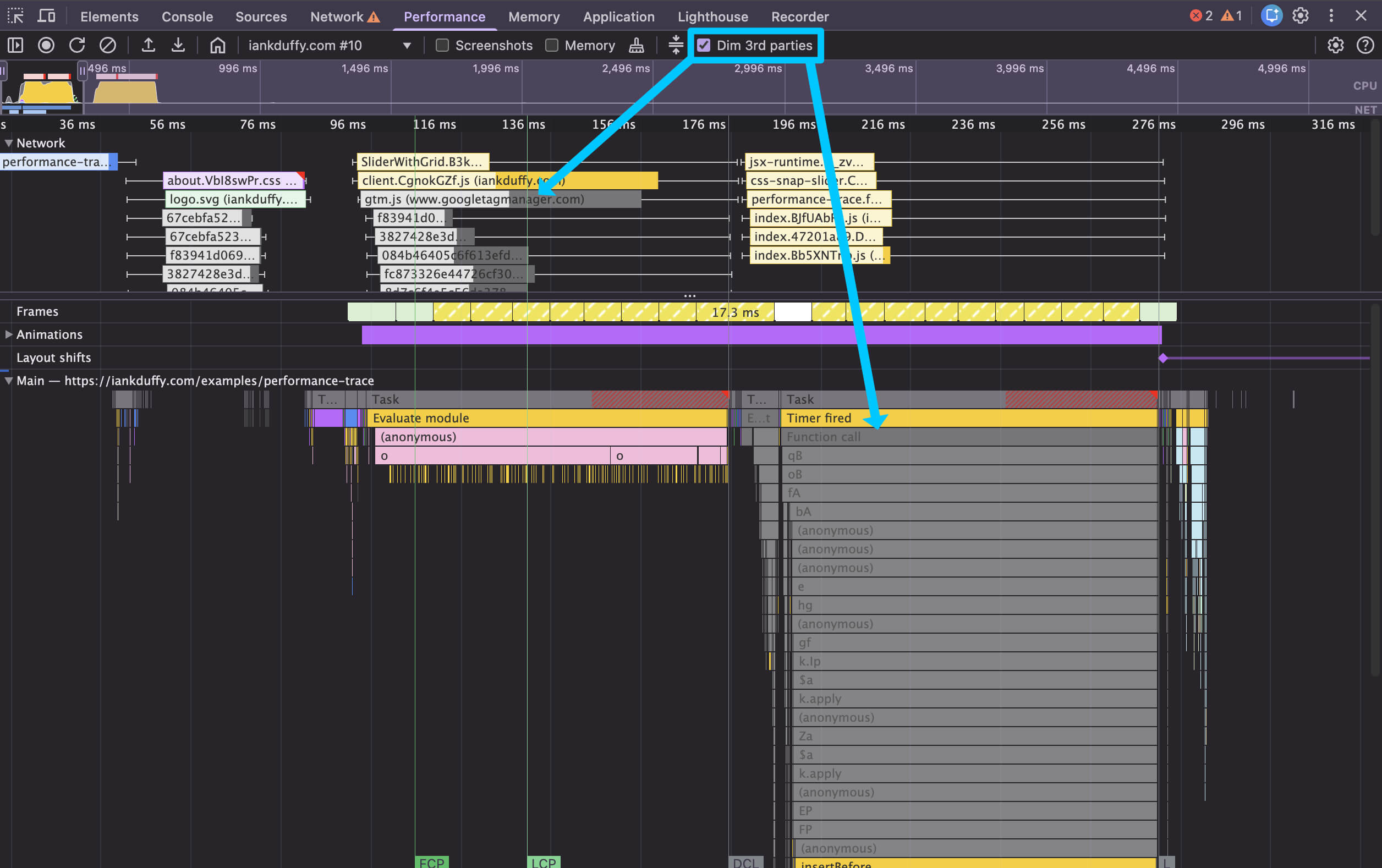 Performance Trace with dim third parties on, showing tasked greyed out