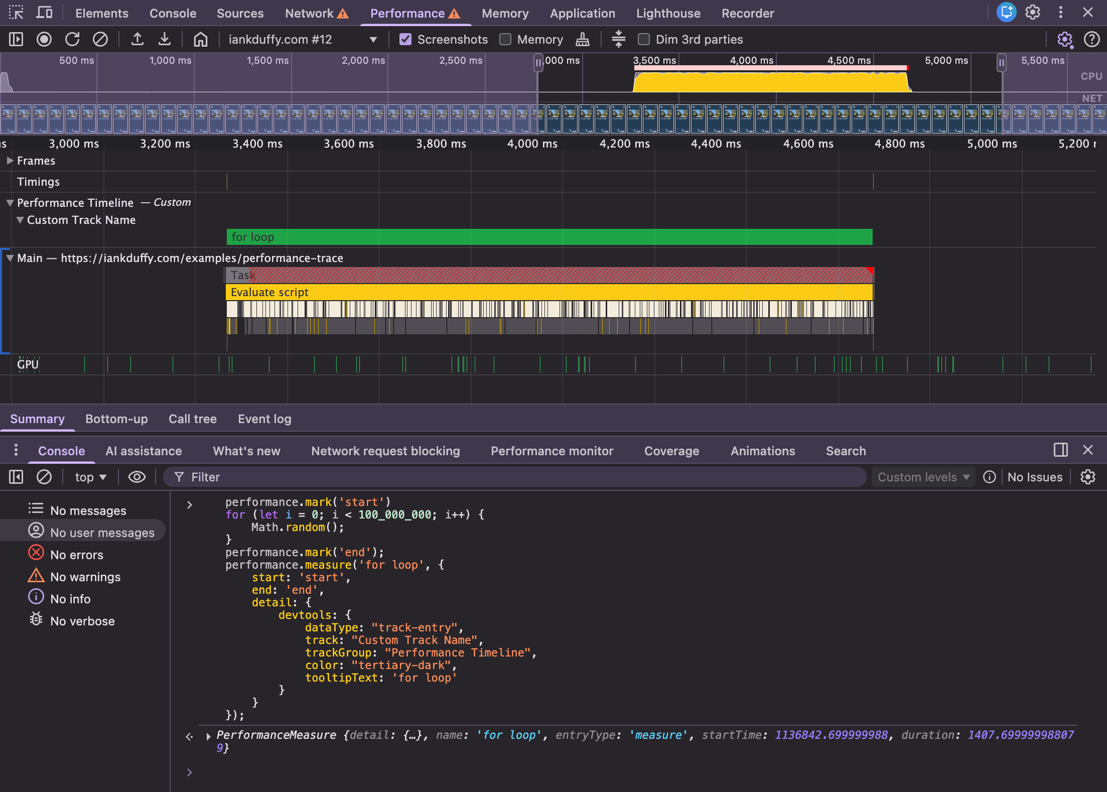Custom track added to performance trace for the performance API