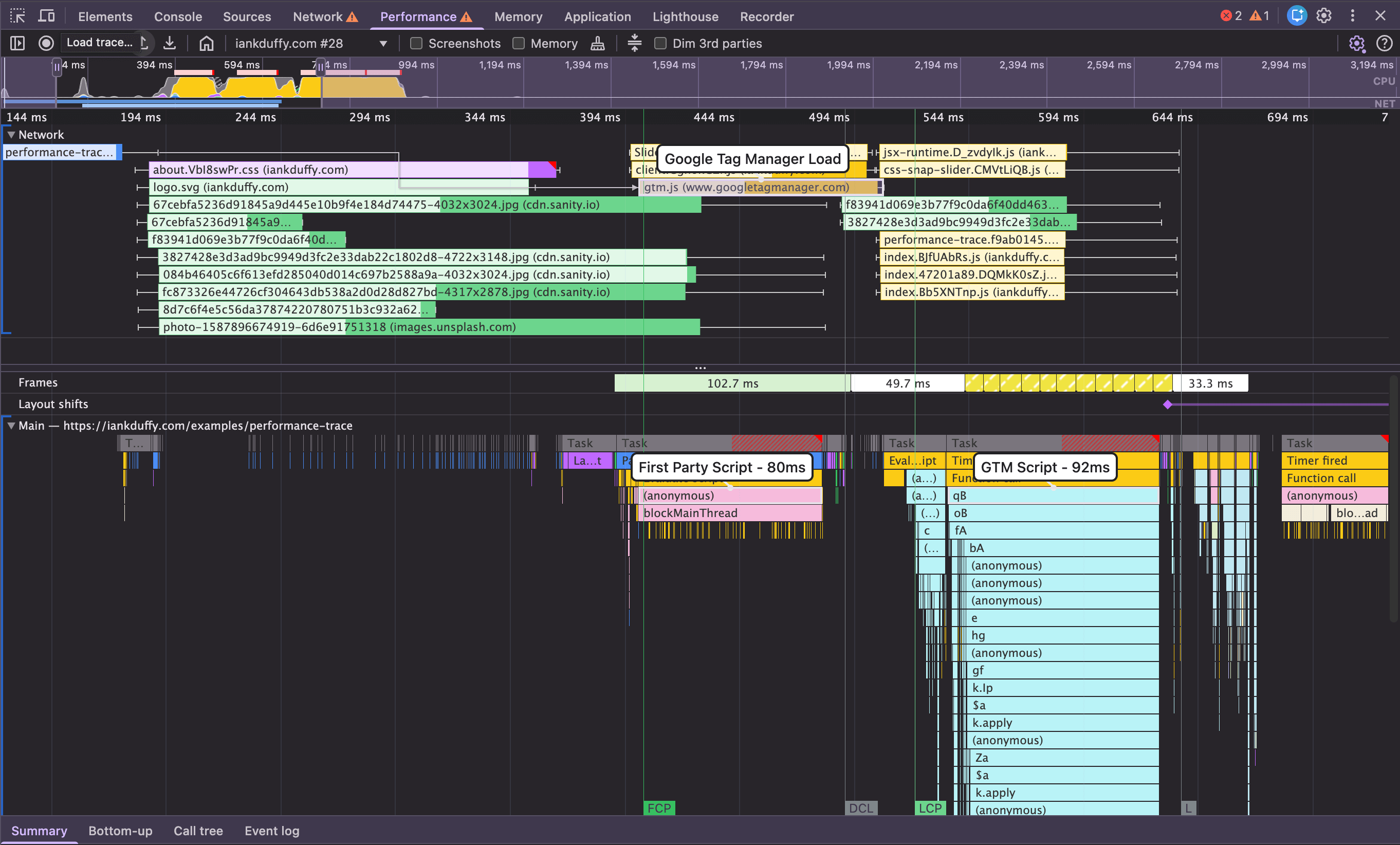 Performance trace with annotations on