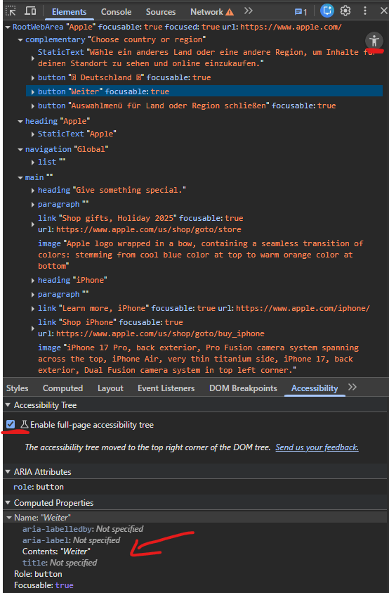 Toggle between the DOM tree and the Accessibility Tree using the icon in the Elements panel
