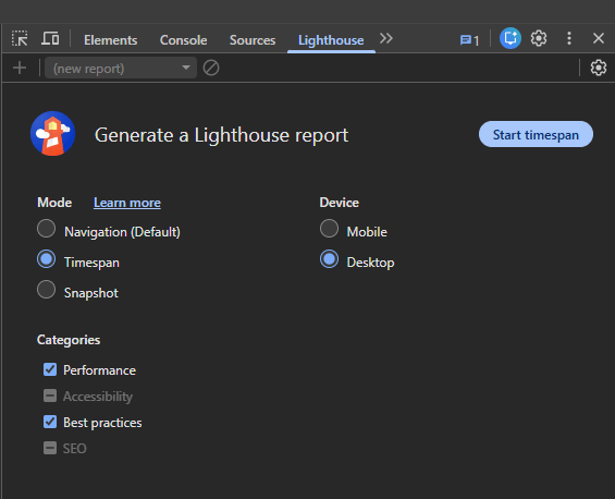 Lighthouse panel showing user flow options