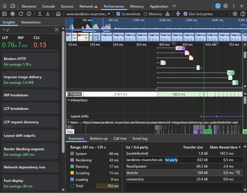 Performance panel showing flame charts and timeline