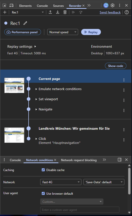 Recorder panel showing recorded user flow