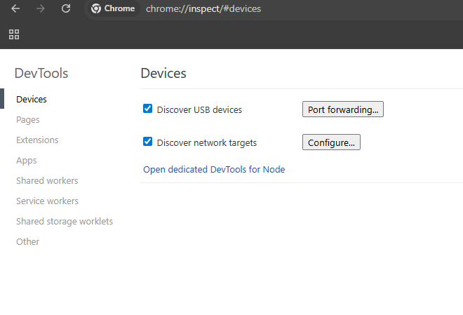Chrome inspect page showing connected Android device