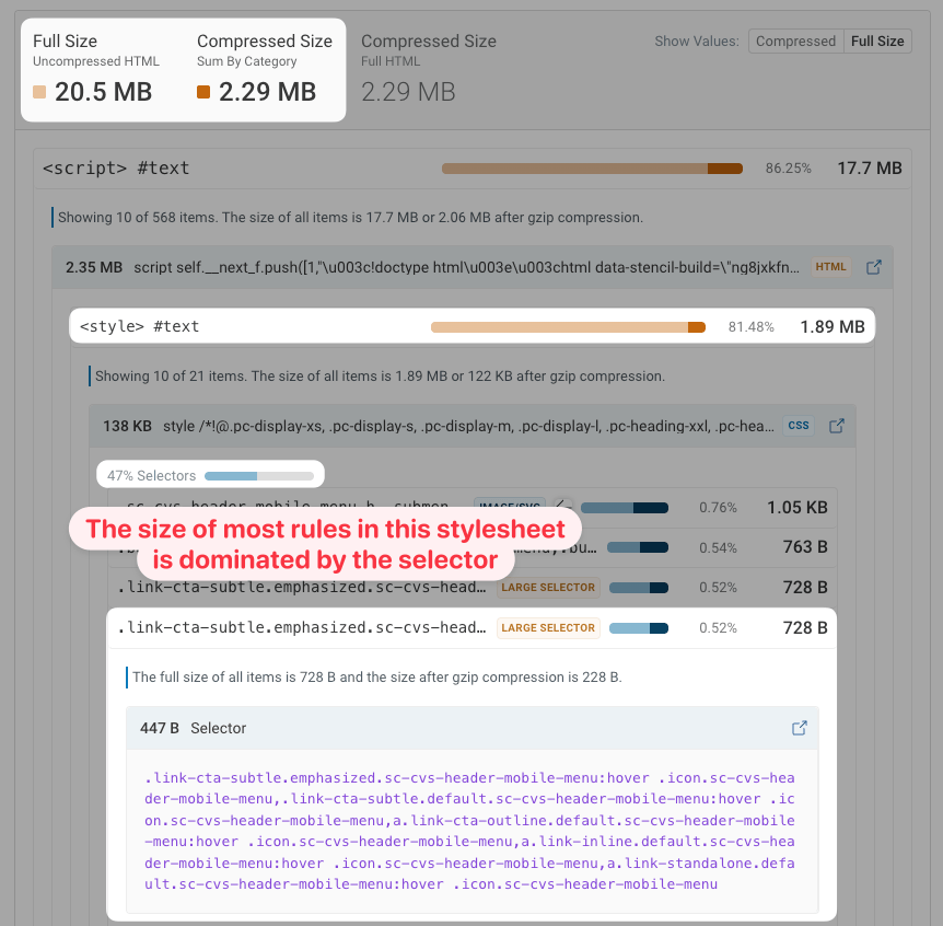 Inline style with many long CSS selectors, showing a 447-byte selector