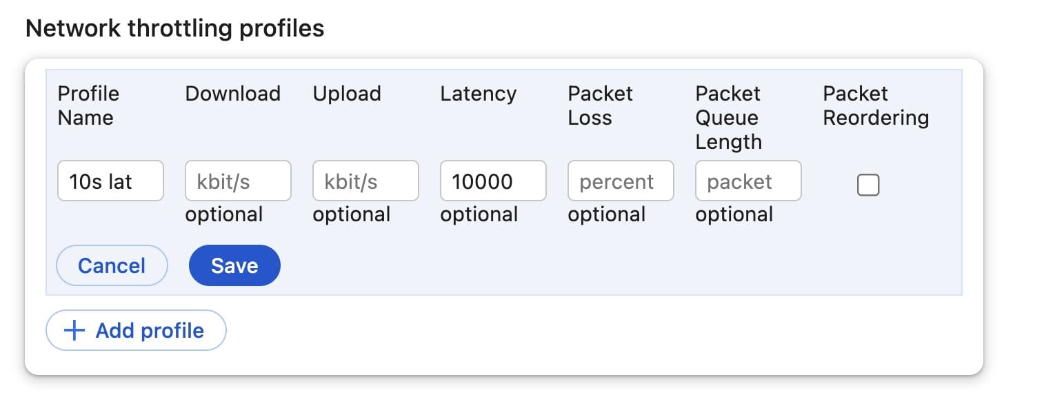 Chrome DevTools Request Throttling Profile