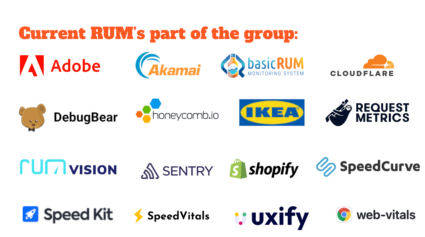 Overview of RUMCG participants including RUM vendors, CDNs, and browser teams