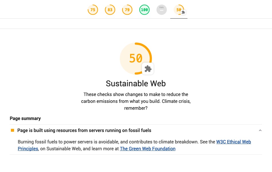 Sustainable Web lighthouse plugin result