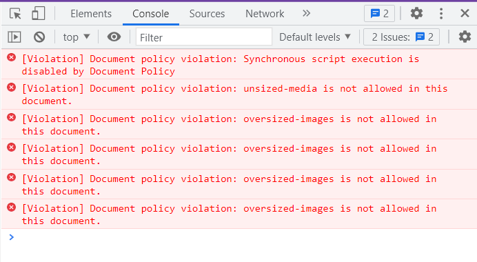 [Violation] Document policy violation: Synchronous script execution is disabled by Document Policy, unsized-media is not allowed in this document, oversized-images is not allowed in this document