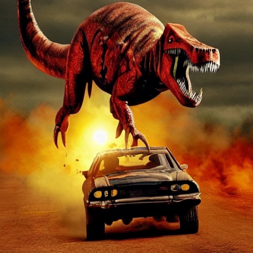 Mad Max (movie) fighting Dinosaur jurassic park, Steps: 42, Sampler: PLMS, CFG scale: 7, Seed: 1985738629, Size: 512x512, Model hash: 7460a6fa