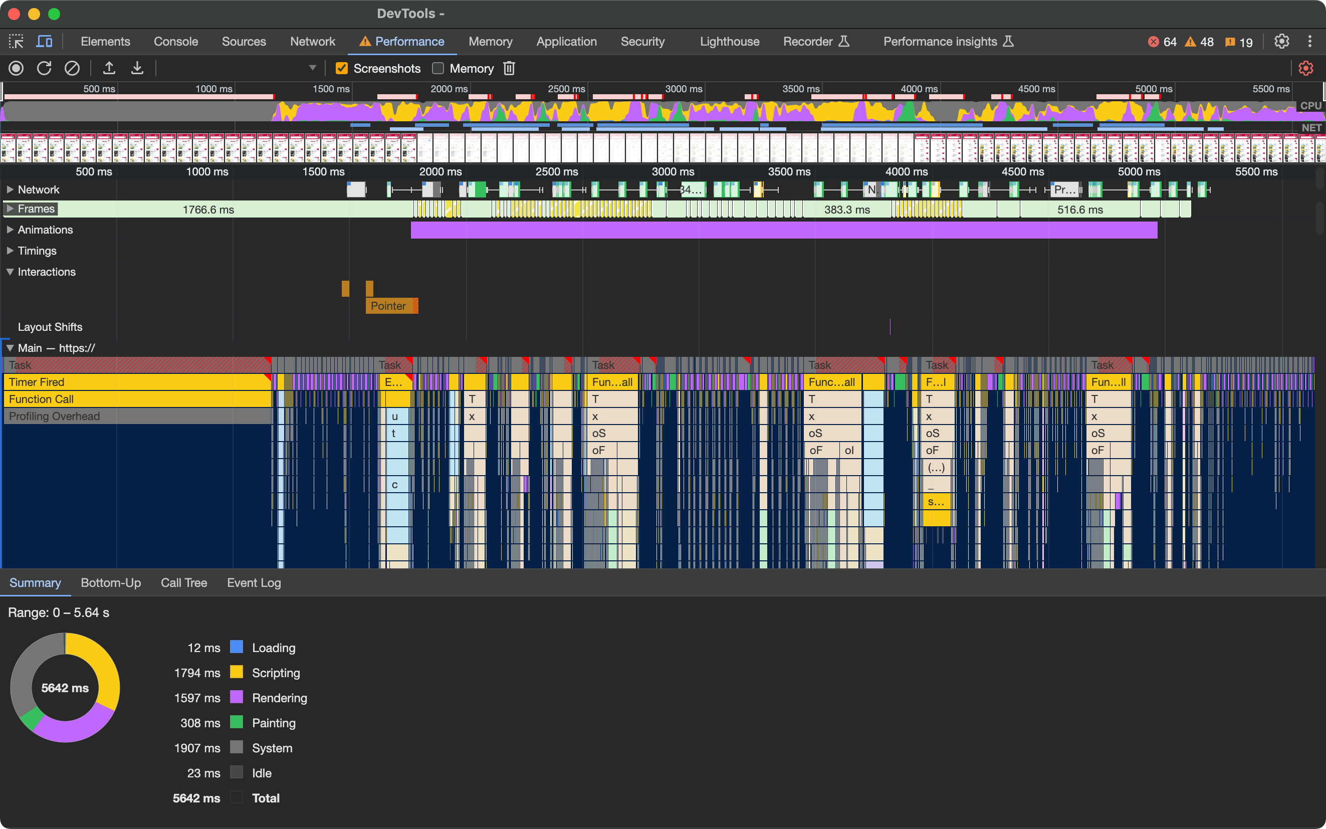 A performance trace of page load shows lots of rendering work being done (in purple)